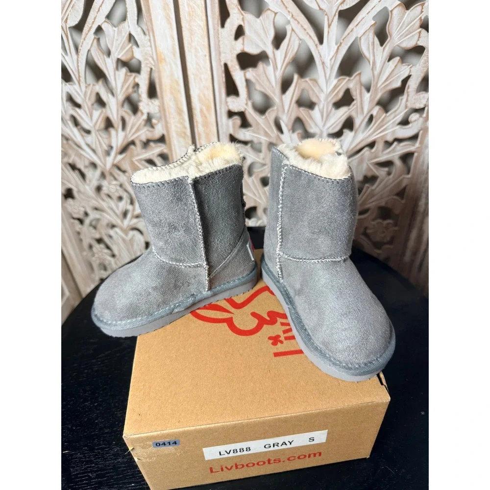 Liv Boots LV888 Gray Kids Faux Fur Lined Suede Winter Boots Size Small S